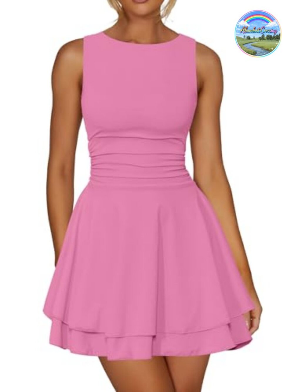 Ruffle Hem Boat Neck Party Mini Dress A-Line Ruched Waist Sleeveless